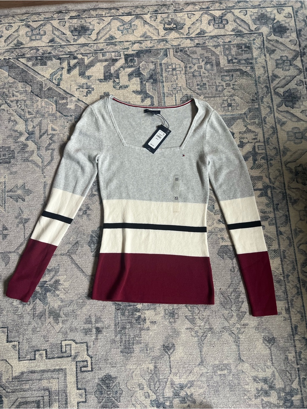 WT Tommy Hilfiger Colorblock square neck Sweater XS Red Cream Grey